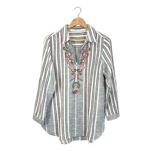 Soft Surroundings Boho Tunic Gray White Stripe Embroidered Floral V-Neck, Size M